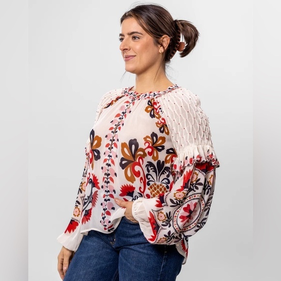 FARM Rio Tops - Farm Rio: Cream Cashew Mandala Embroidered Blouse